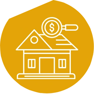 Line art icon of a house with a magnifying glass showing a dollar sign, symbolizing property buying or property value check.