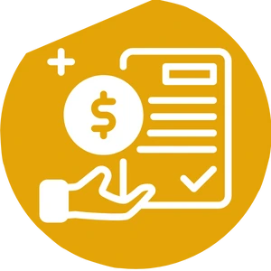 Icon showing a financial document, checkmark, and dollar symbol above a hand, inside a yellow circle.