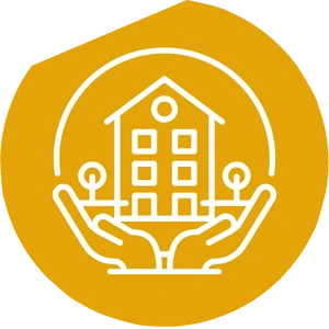 Icon of a building protected by two hands, inside a yellow circle