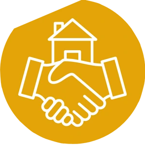 Handshake icon with a house in the background, inside a yellow circle