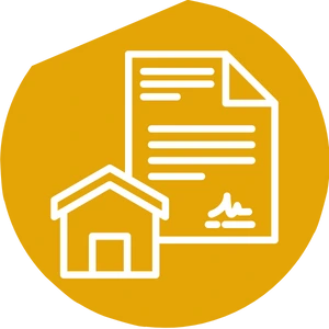 Icon of a rental agreement document beside a house, inside a yellow circle