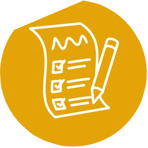 "Checklist icon with a pencil writing on a paper, inside a yellow circle.